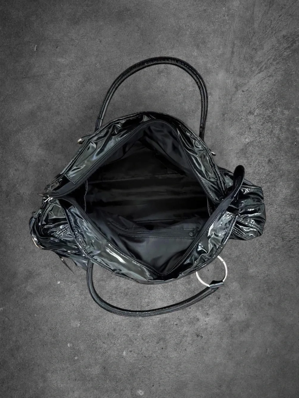 Y2K Style Black Leather Silver Ring Shoulder Bag